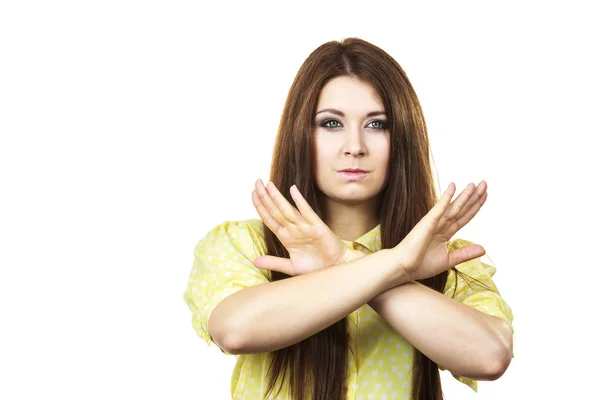 Serious Woman Showing Stop Back Gesture Young Female Being Assertive — Stock Photo, Image