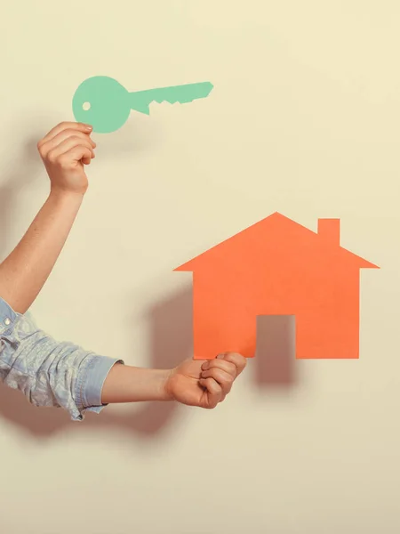Human Hands Holding Red Paper House Key Dream New Home — Stock Photo, Image