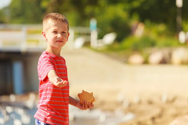 Dolci Dolcetti Ragazzino Con Dolce Pasto All Aperto Maschio Bambino — Foto Stock