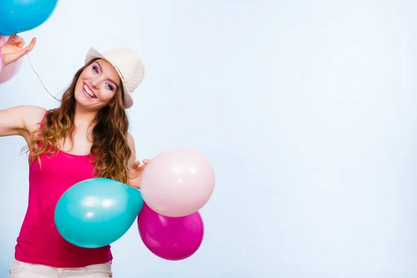 Woman Charming Girl Playing Many Colorful Balloons Summer Celebration Happiness — Stock Photo, Image