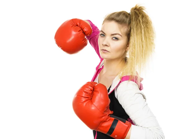 Sporty Confident Woman Wearing Red Boxing Gloves Fighting Studio Shot — Stock Photo, Image