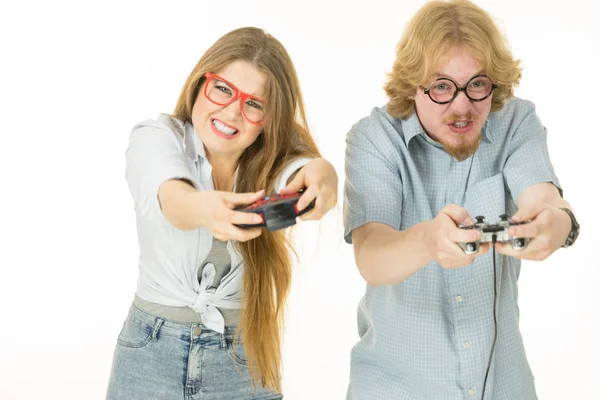 Very Emotional Couple Enjoying Leisure Time Playing Video Games Together — Stock Photo, Image