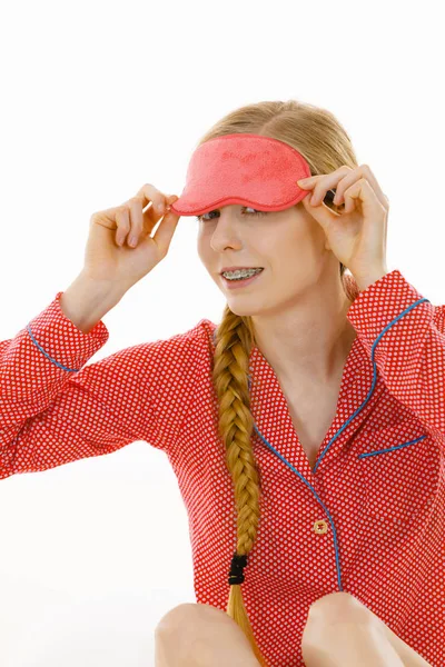 Sleep Bedroom Accessories Concept Happy Sleepy Woman Wearing Pink Eye — Stock Photo, Image