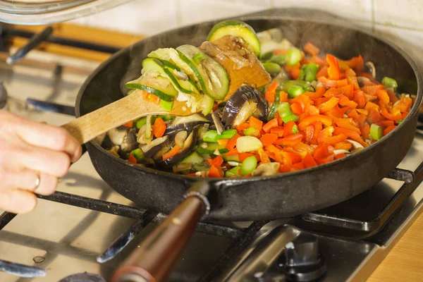 Dieting Eating Preparing Food Concept Many Chopped Healthy Vegetables Frying — Stock Photo, Image