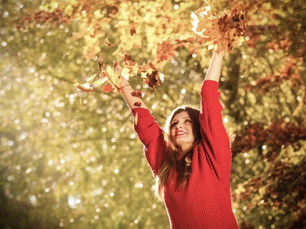 无忧无虑的幸福 放松片秋色的公园 双臂抬起树叶把空气中的女人 美丽的女孩在五颜六色的森林枝叶户外 — 图库照片