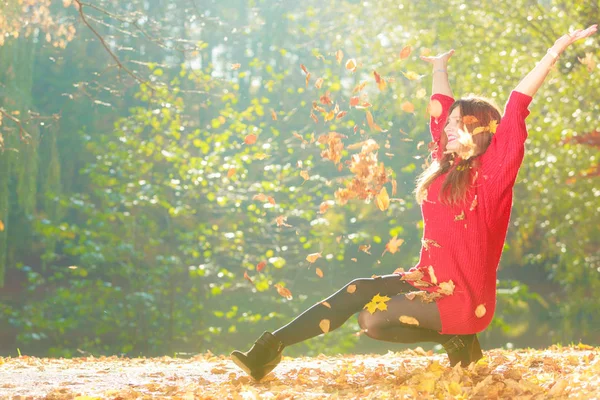 秋天的时间 乐趣和无忧无虑 性格开朗可爱的年轻女子玩树叶 放松在秋天公园森林包围与飞叶树 — 图库照片