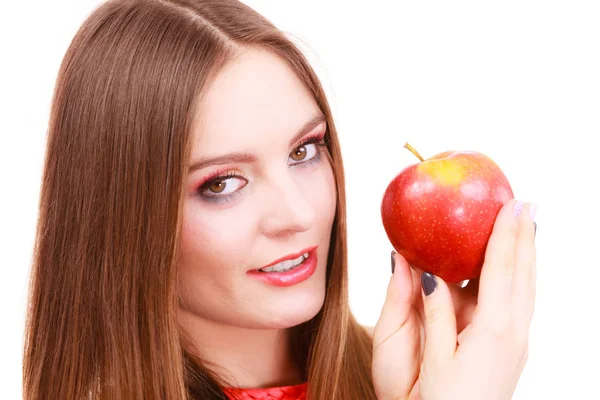 Vrouw Jonge Charmante Vrouwelijke Langharige Kleurrijke Make Houdt Grote Rode — Stockfoto