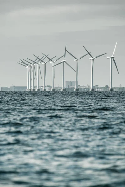 Vertical axis wind turbines generator farm for renewable sustainable and alternative energy production along coast baltic sea near Denmark. Eco power, ecology.