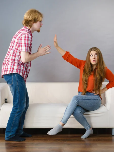 Man Begging Woman Who Sitting Sofa Forgiveness Couple Fight Argue — Stock Photo, Image