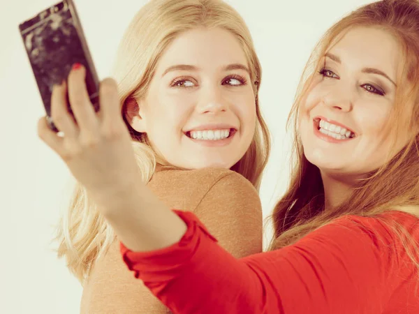 Two Cheerful Women Taking Selfie Photo Using Smartphone Females Having — Stock Photo, Image