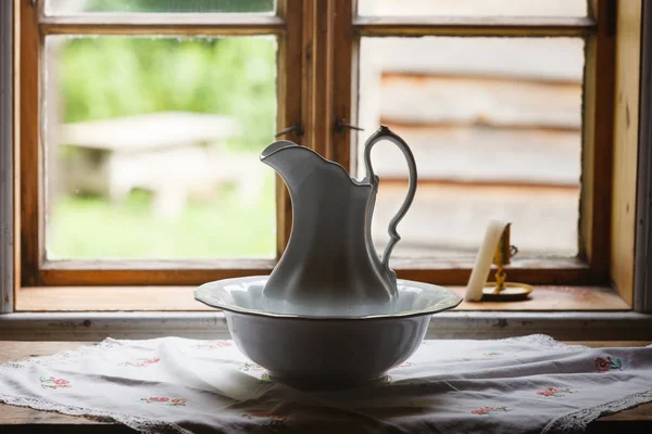 Old Vintage Objects Wood Concept Old Vintage Window Ceramic Jug — Stock Photo, Image