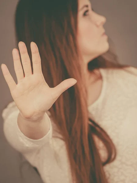 Angry Apodicticity Woman Showing Stop Sign Gesture Open Hand Denying — Stock Photo, Image