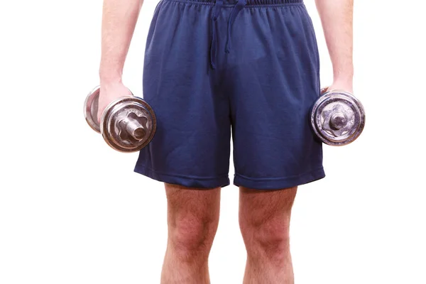Homem Exercitar Com Halteres Muscular Forte Cara Levantando Pesos Pesados — Fotografia de Stock