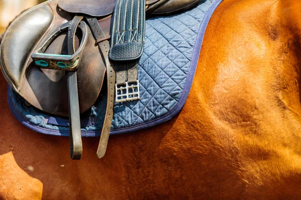 Detalhado Close Sela Cavalo Com Estribo Conceito Objetos Rurais Equestres — Fotografia de Stock