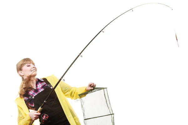 Spinning Angling Cheerful Fisherwoman Concept Happy Woman Yellow Raincoat Holding — Stock Photo, Image