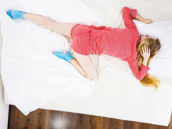 Teenage Sleepwear Fashion Concept Young Woman Lying Bed Wearing Cute — Stock Photo, Image