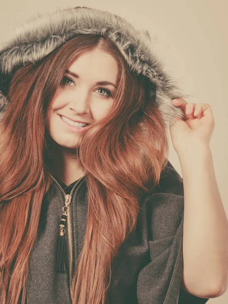 Happy Woman Wearing Dark Poncho Furry Hood Winter Fashion Trendy — Stock Photo, Image