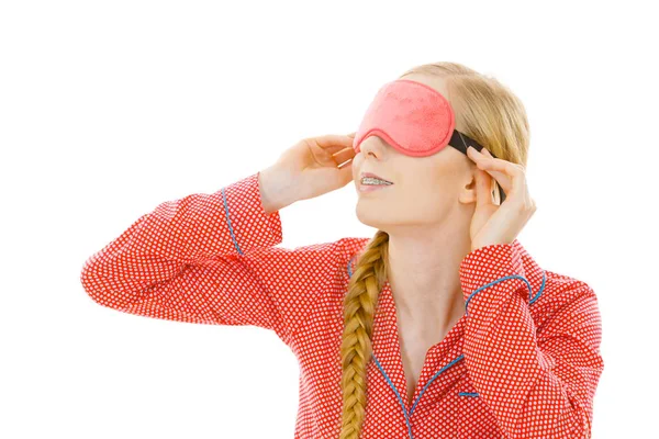 Schlafzimmerzubehör Konzept Schläfrige Frau Mit Rosa Augenband Und Schlafanzug — Stockfoto