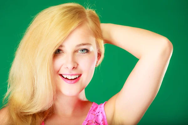 Dyeing Hairstyling Feminity Female Beauty Concept Happy Blonde Woman Pink — Stock Photo, Image