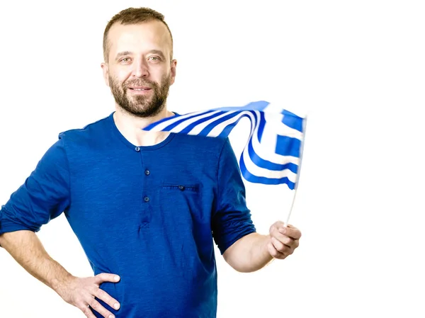 Człowiek Szczęśliwy Joful Trzyma Grecką Banderą Turystyka Koncepcja Prezentacji Promocji — Zdjęcie stockowe