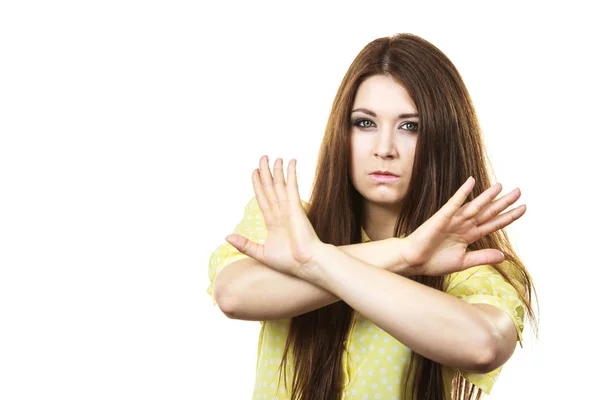 Donna Seria Che Ferma Tiri Indietro Giovane Donna Essere Assertivo — Foto Stock