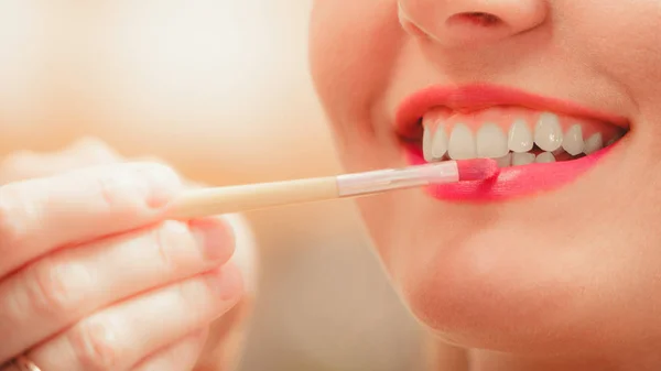 Make Artist Applying Lipstick Brush Woman Lips Closeup Visagiste Girl — Stock Photo, Image