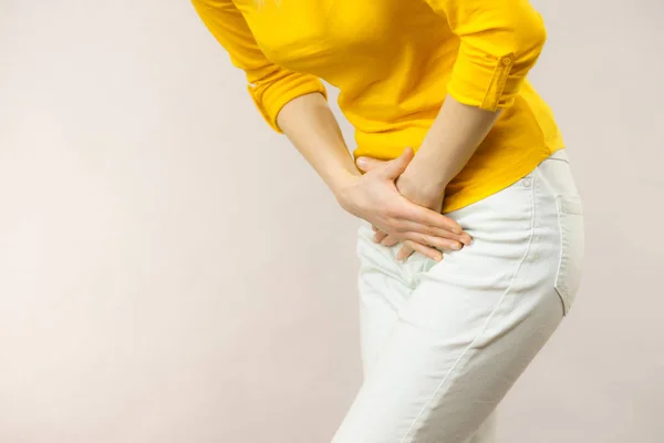 Young Sick Woman Hands Holding Pressing Her Crotch Lower Abdomen — Stock Photo, Image