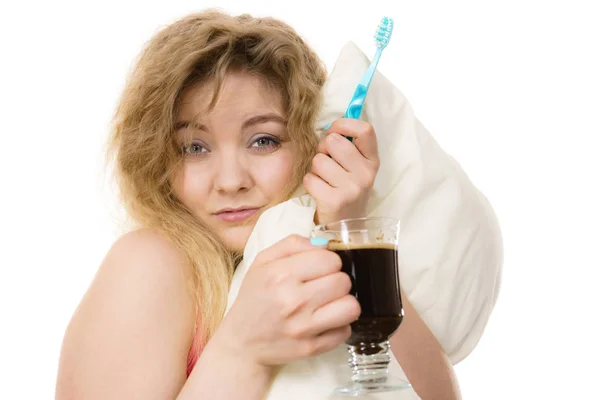 Tired Sleepy Grumpy Woman Holding Toothbrush Coffee Going Brush Her — Stock Photo, Image