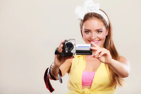 Happy Smiling Pretty Pin Girl Filming Camcorder Attractive Gorgeous Young — Stock Photo, Image