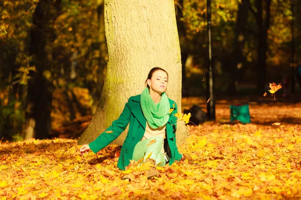 秋の葉の上に座っている女性は 森の公園で美しい秋の天気を楽しんでいます 黄金色の葉が多い — ストック写真