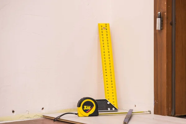 Home Renovation Concept Working Diy Tools Industrial Ruler Yellow Tape — Stock Photo, Image