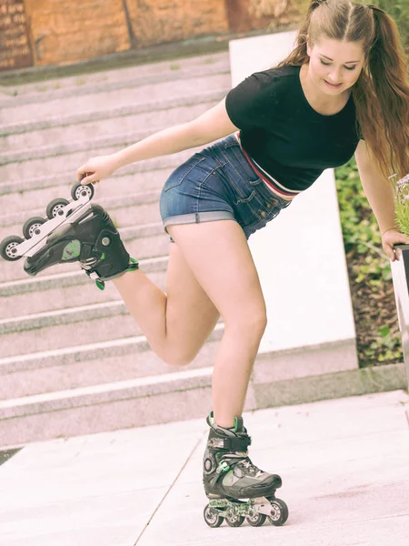 Happy Joyful Young Woman Wearing Roller Skates Riding Town Smelling — Stock Photo, Image