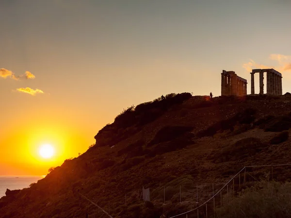 Grecja Cape Sounion Ruiny Starożytnej Świątyni Posejdona Zachodzie Słońca Cele — Zdjęcie stockowe