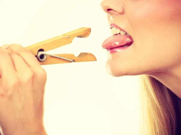 Language Barrier Rumors Problems Expressing Concept Blonde Woman Having Tongue — Stock Photo, Image