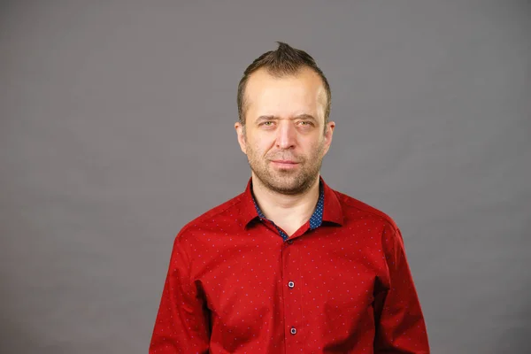 Happy Joyful Nice Adult Guy Man Beard Wearing Red Shirt — Stock Photo, Image