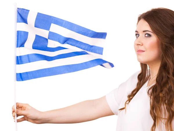 Brunette Curly Long Hair Young Woman Greek Waving Flag National — Stock Photo, Image