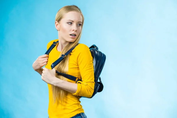 Blonde Teenage Girl Going School College Wearing Stylish Backpack Outfit — Stock Photo, Image