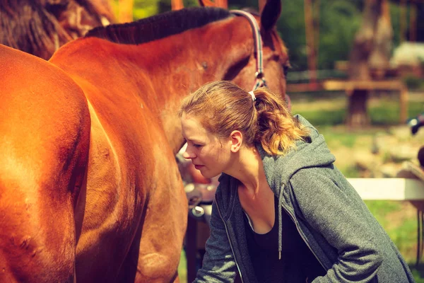 Taking Care Animals Horsemanship Equine Concept Jockey Young Woman Getting — Stock Photo, Image