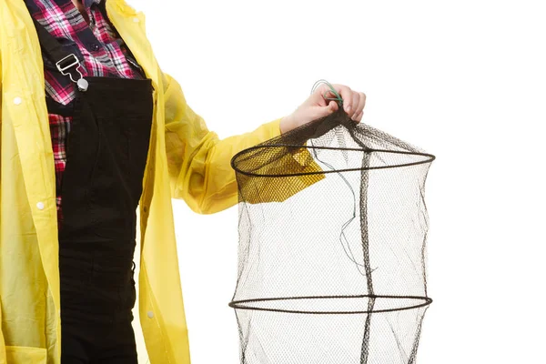Spinnen Hengelen Vrolijke Gevaarlijkste Concept Gelukkige Vrouw Gele Regenjas Bedrijf — Stockfoto