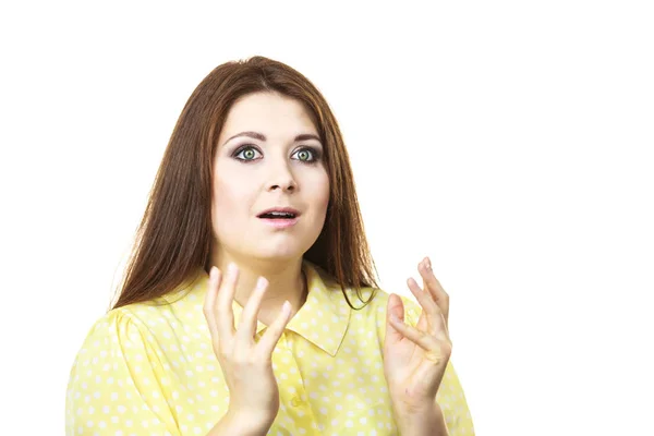 Shock Face Expressions Concept Shocked Amazed Woman Gesturing Hands Seeing — Stock Photo, Image