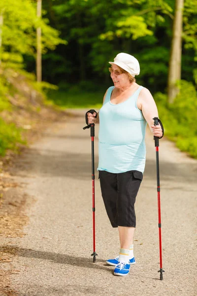 Healthy Active Retirement Concept Senior Woman Practicing Nordic Walking Forest — Stock Photo, Image