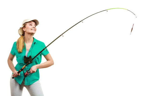 Halászat Spinning Berendezések Horgászat Sport Tevékenység Koncepció Boldog Mosolygós Horgászbottal — Stock Fotó