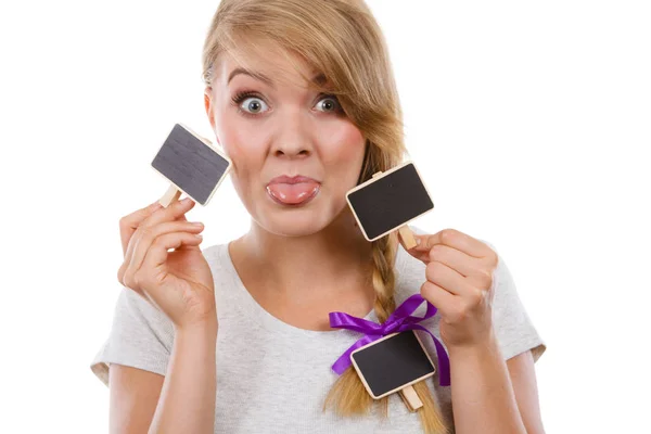 School Education Learning Concept Teenage Girl Holding Little School Blackboards — Stock Photo, Image