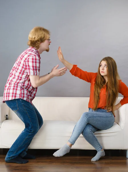 Man Begging Woman Who Sitting Sofa Forgiveness Couple Fight Argue — Stock Photo, Image