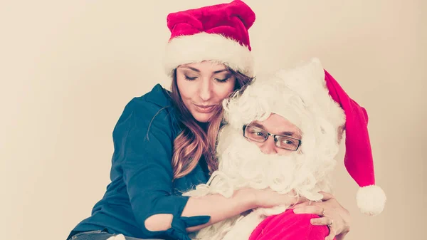 Christmas Holiday Concept Man Wearing Santa Claus Costume Holding Woman — Stock Photo, Image