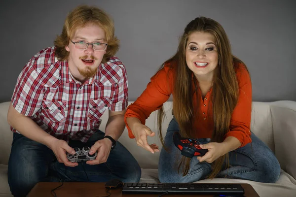 Happy Couple Enjoying Leisure Time Playing Video Games Together Studio — Stock Photo, Image