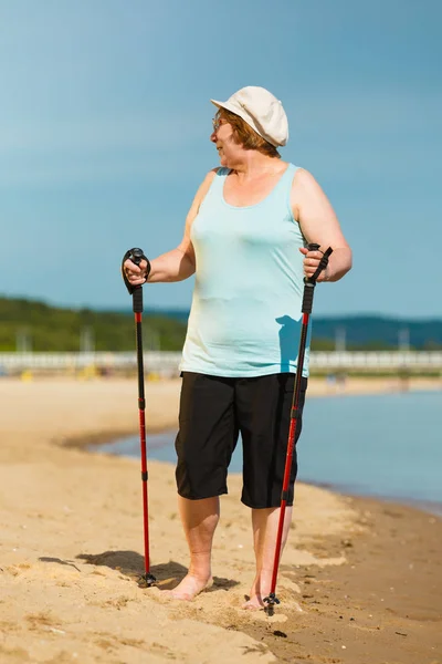 Senior Woman Practicing Nordic Walking Sea Shore Active Elderly Female — Stock Photo, Image