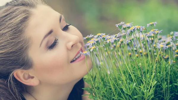 Close Happy Woman Smelling Wild Flowers Female Being Nature — Stock Photo, Image