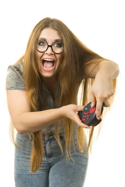 Genç Yetişkin Bir Kadın Oyun Konsolunda Oyun Platformunda Oynuyor Oyun — Stok fotoğraf