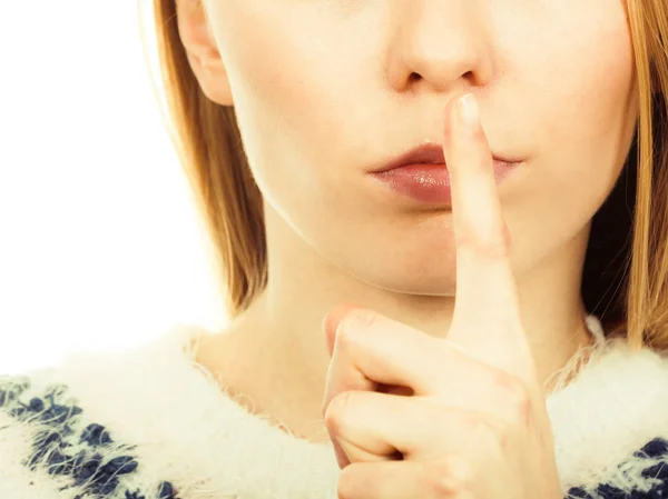 Gestures Signs Concept Young Blonde Woman Making Silence Gesture Finger — Stock Photo, Image